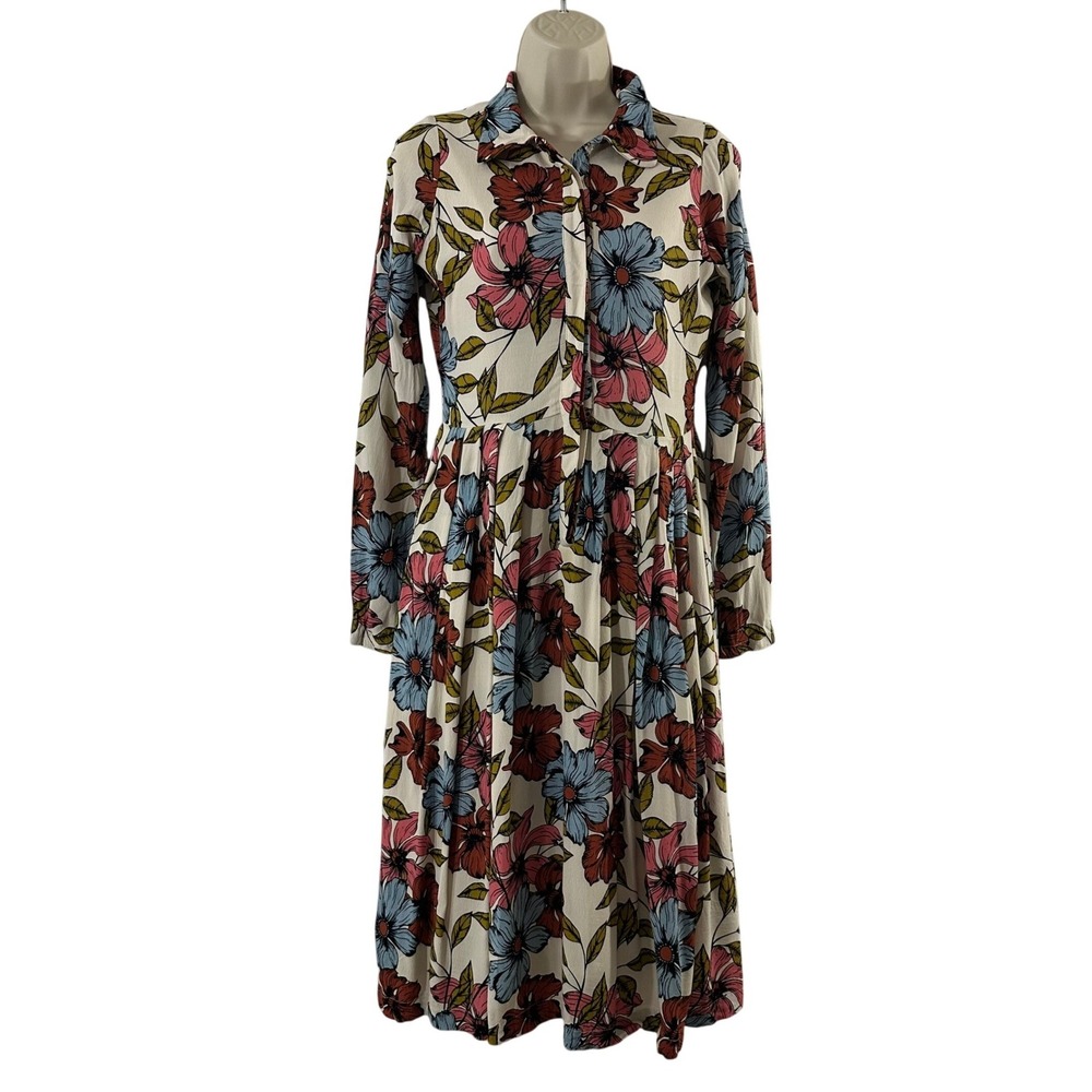 Ginger Floral Long Sleeve Pintucks Pleasted Midi Dress Cream‎ Terracotta Size XS